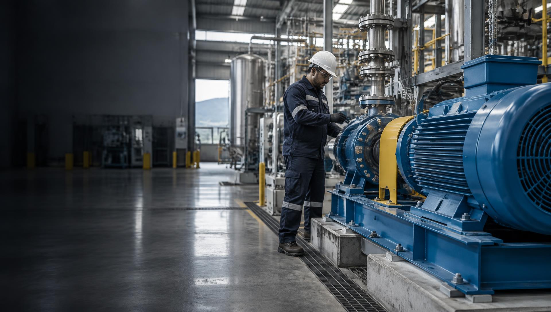 Técnico inspeccionando un motor eléctrico en una planta industrial