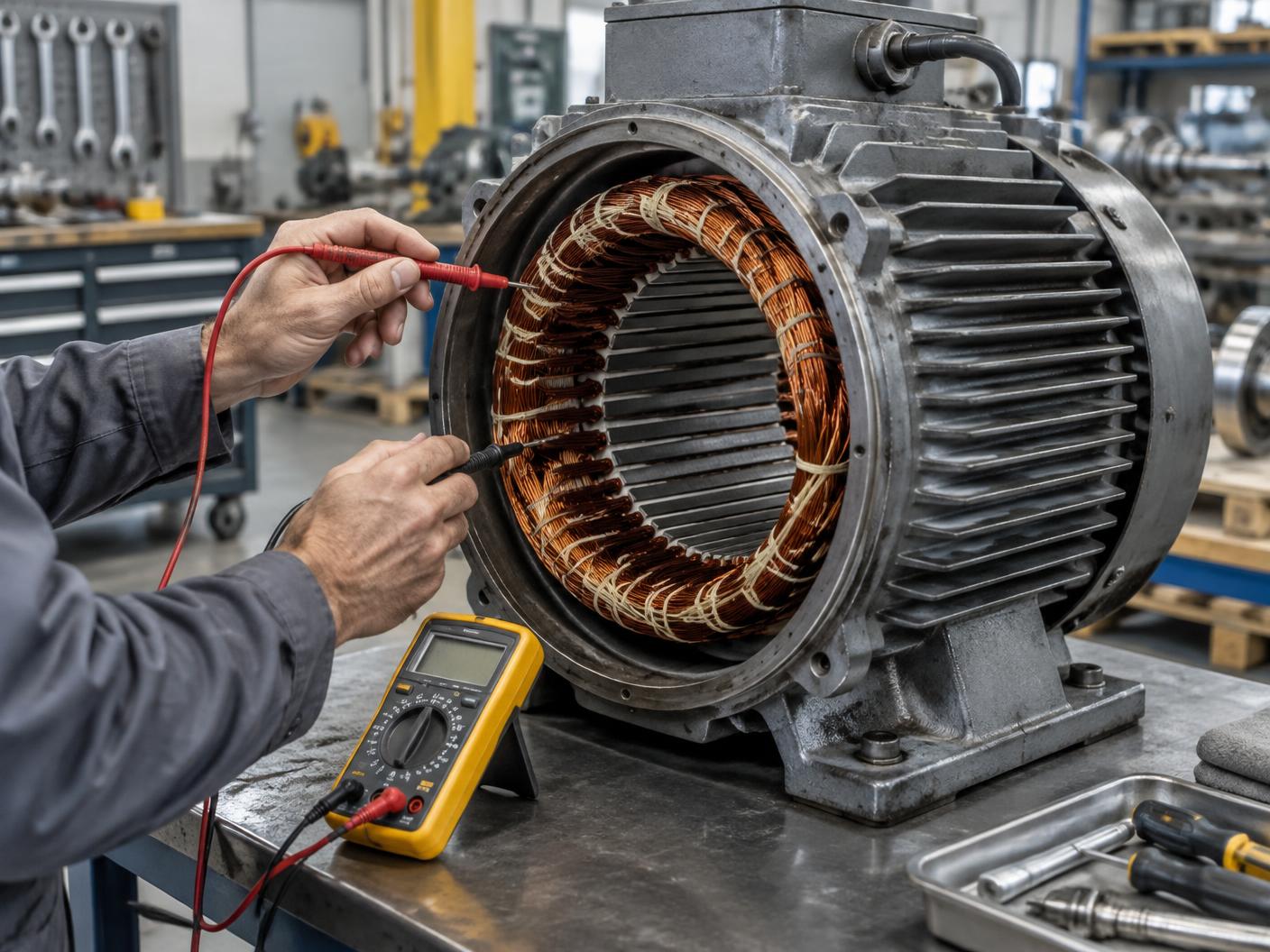Prueba eléctrica durante el diagnóstico de un motor industrial